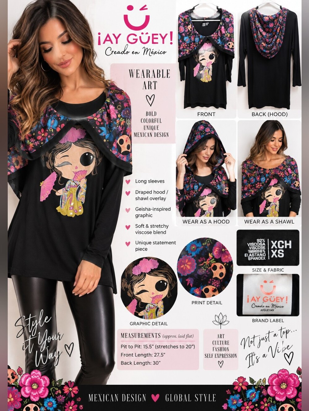 ¡Ay Güey! Geisha Graphic Hooded Draped Tunic Top Black XS